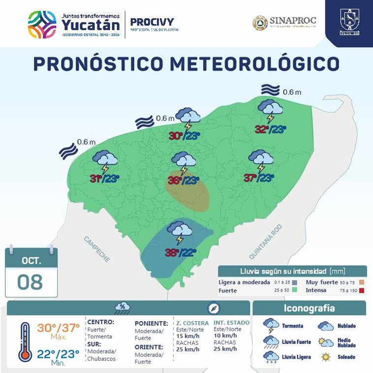 Probabilidad de lluvia fuerte con actividad eléctrica en Yucatán