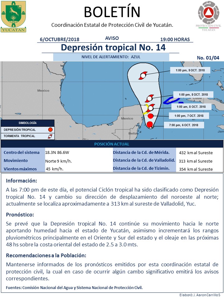 Alerta Azul por cercanía de Depresión Tropical, en Yucatán solo se esperan lluvias de moderadas a ocasionalmente fuertes.