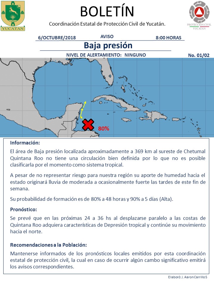 Baja Presión solo generará lluvias moderadas a ocasionalmente fuertes en Yucatán