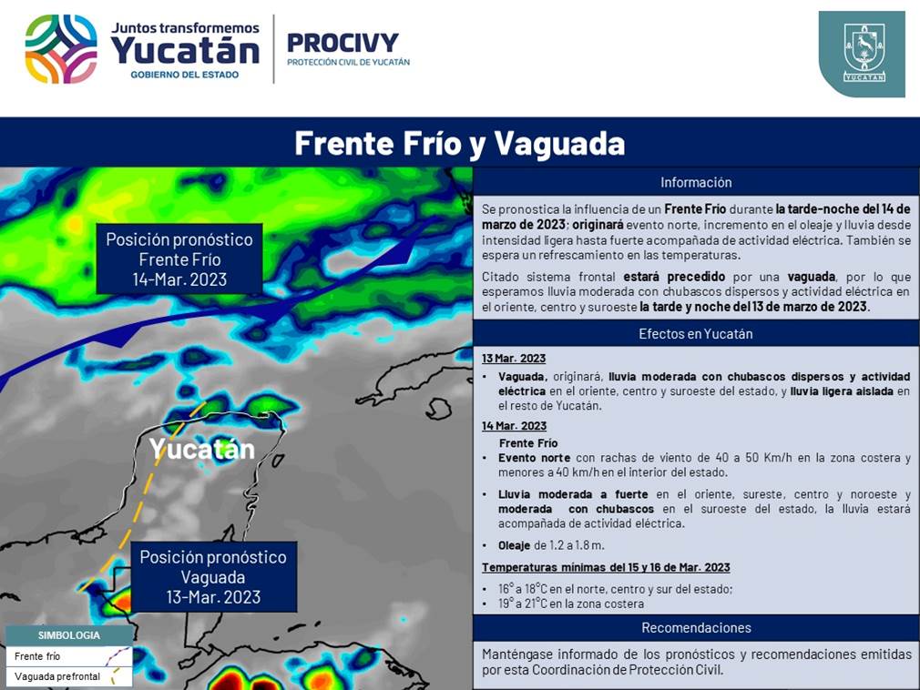 Se aproxima frente frío 39 a Yucatán, con lluvias fuertes, chubascos dispersos y leves descensos en temperaturas: Procivy