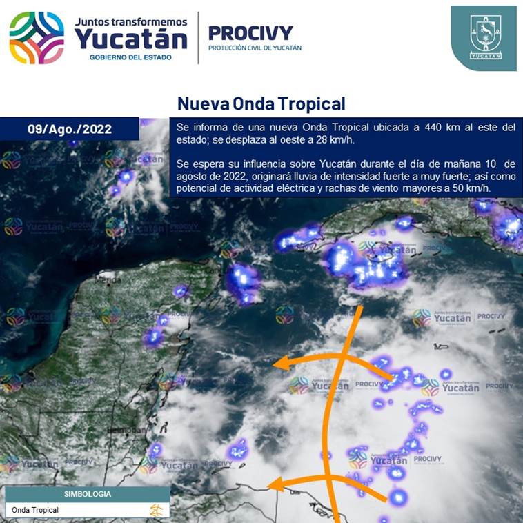 Mañana 10 de agosto, onda tropical ocasionará lluvias fuertes en Yucatán.