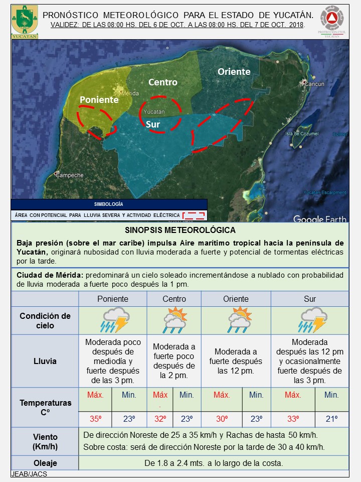 En Yucatán se espera lluvia de moderada a ocasionalmente fuerte por la tarde de hoy