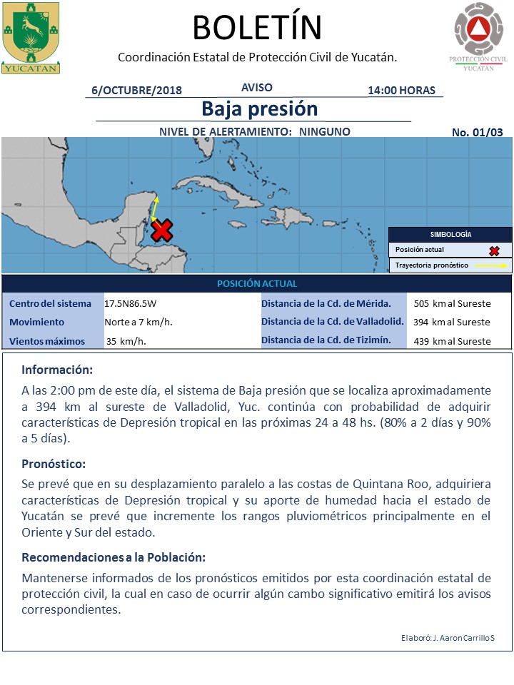 Se espera lluvia principalmente al sur y oriente de Yucatán por cercanía de Baja Presión.