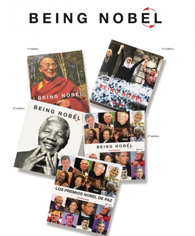 Galardonados con el Premio Nobel de la Paz, reunidos en el libro "Being Nobel" 