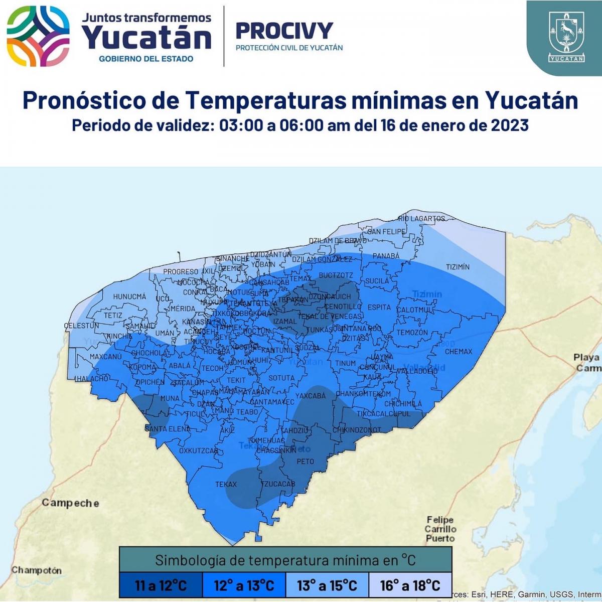 Reporta Procivy 7.6°C en Sudzal Chico, Tekax y 11°C en Mérida; se recuperan las temperaturas gradualmente a partir del lunes.
