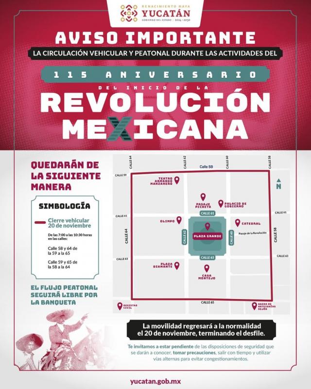 Cierres viales en Mérida por desfile del 115 aniversario de la Revolución Mexicana