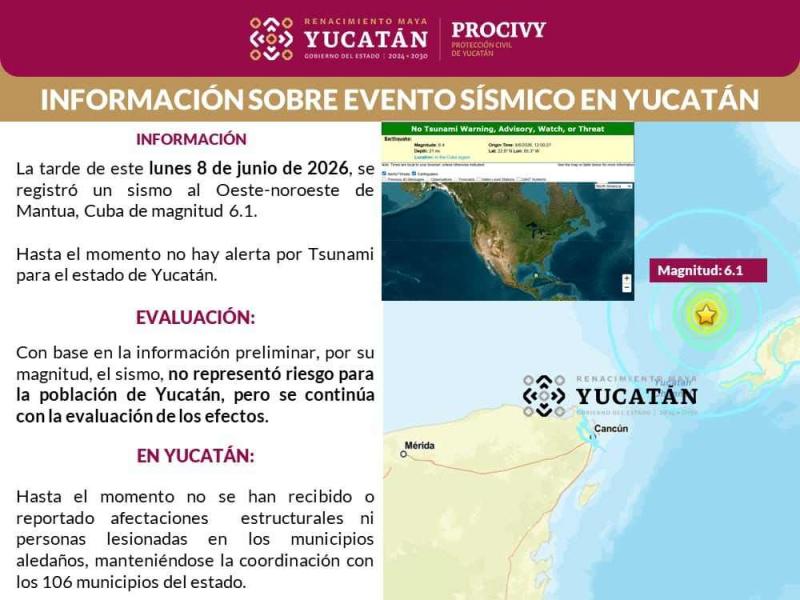 Sin daños en Yucatán tras sismo con epicentro frente a costas de Cuba: Procivy